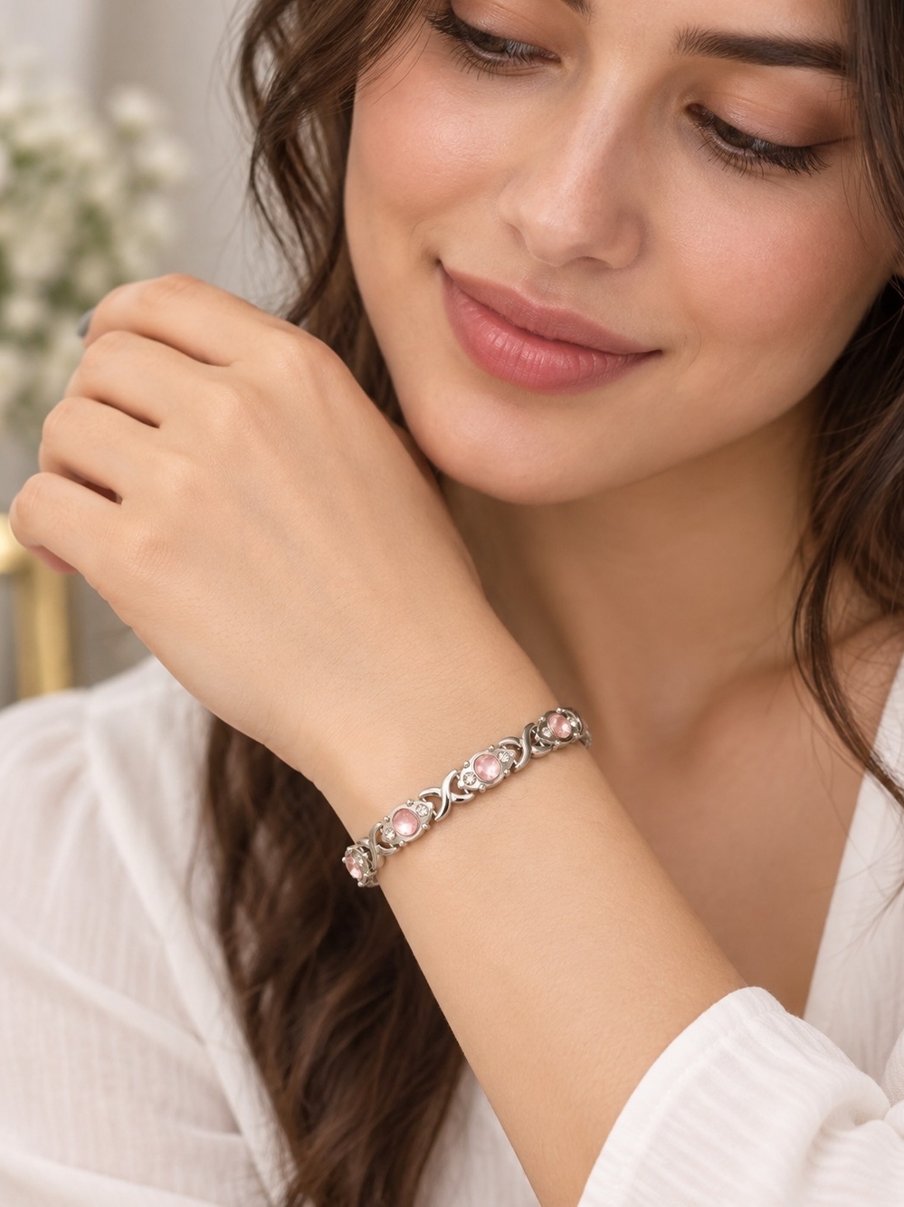 Silver Tone Pink Stone Link Bracelet - Women Jewelry
